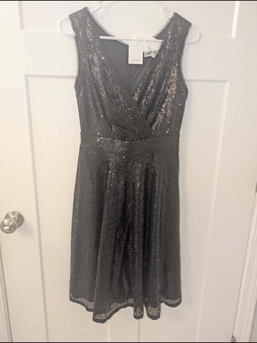 Grace Karin Black Sequin V-Neck Midi Dress